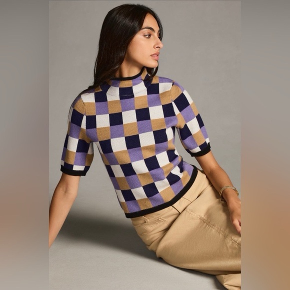 Anthropologie Purple and Tan Checkered Sweater